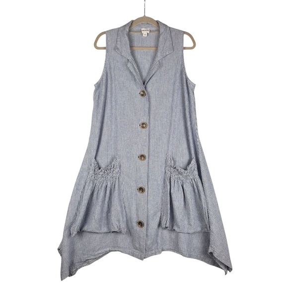 For Cynthia Linen Blend Striped Sark Bite Shirt Dress Sz M Patch Ruched Pockets - Picture 1 of 8